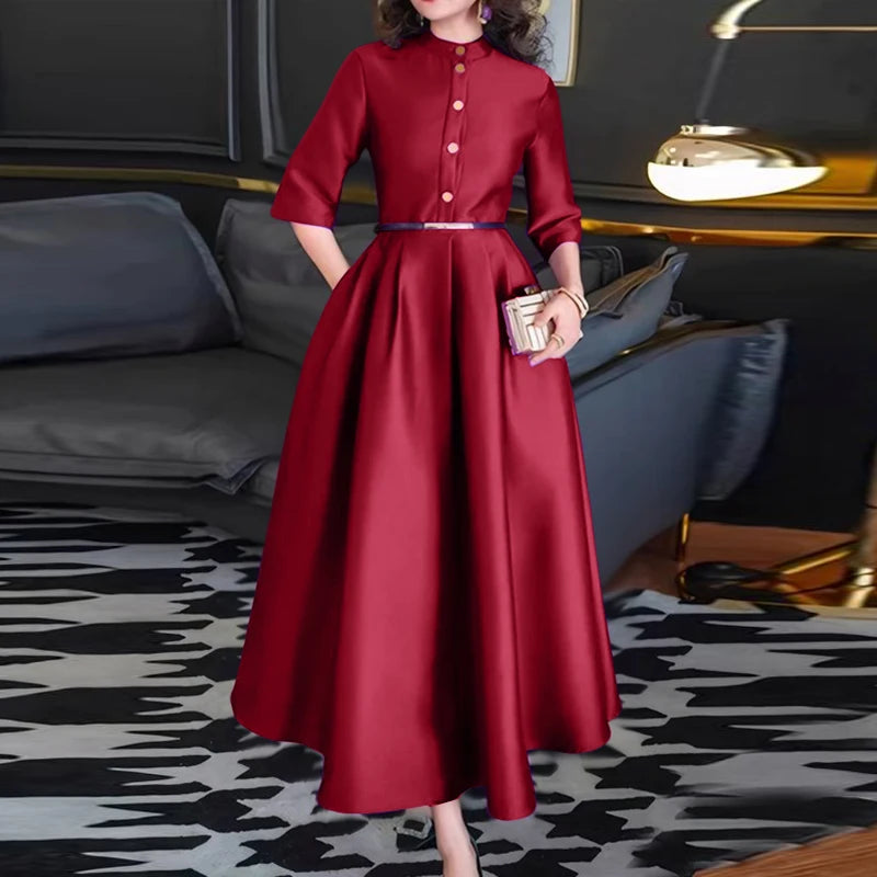 Elegant Women Party Maxi Dresses 2025 Autumn Fashion Stand Collar 3/4 Sleeve Half-Button Fitted Waist A-Line Robes Femme