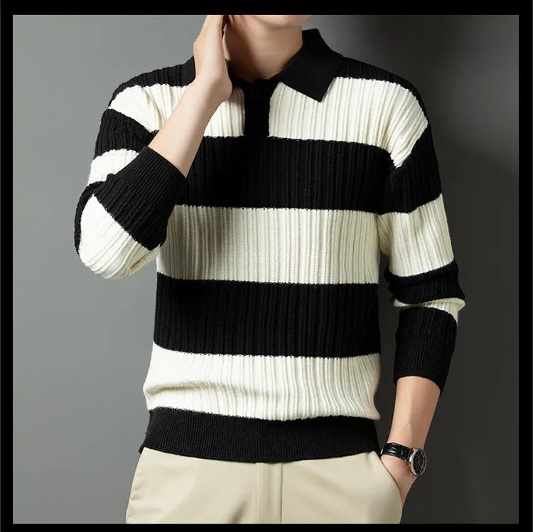 Men's Polo Shirt Luxury Pullover Sweater Fashion Thick Warm Sweater Striped Casual T-shirt, Male Top Loose Knitwear