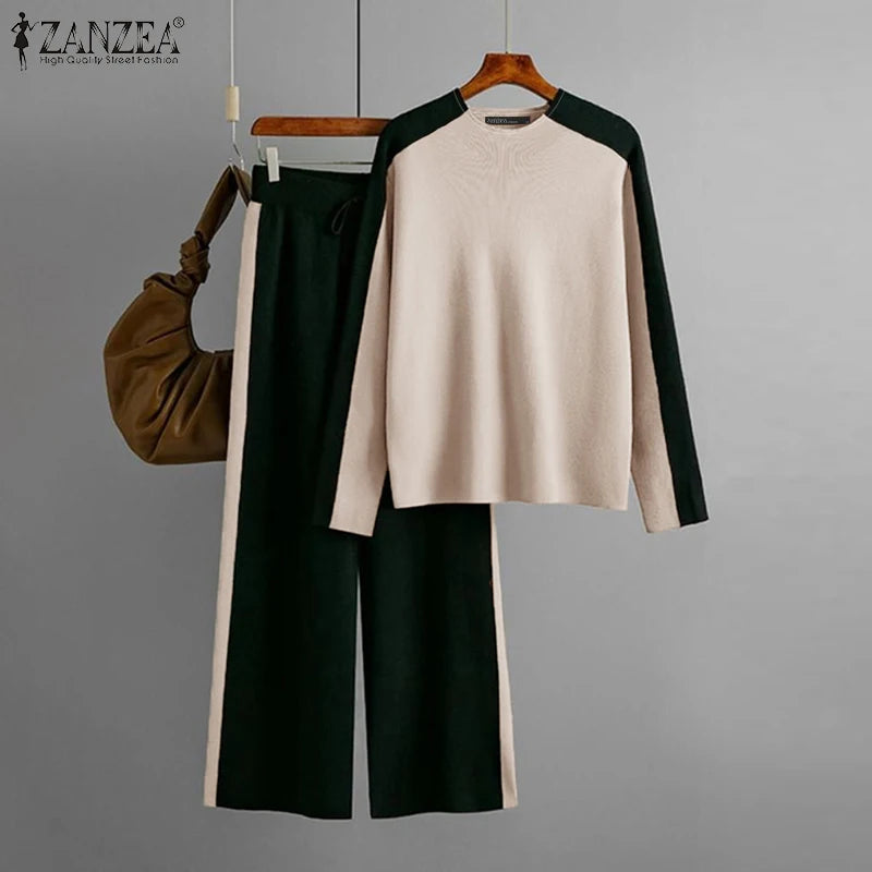 Casual Colour-Blocked Panels Women Pant Sets 2025 Spring Long Sleeve T-shirts Wide Leg Pant 2pcs Outfits Daily Tracksuits