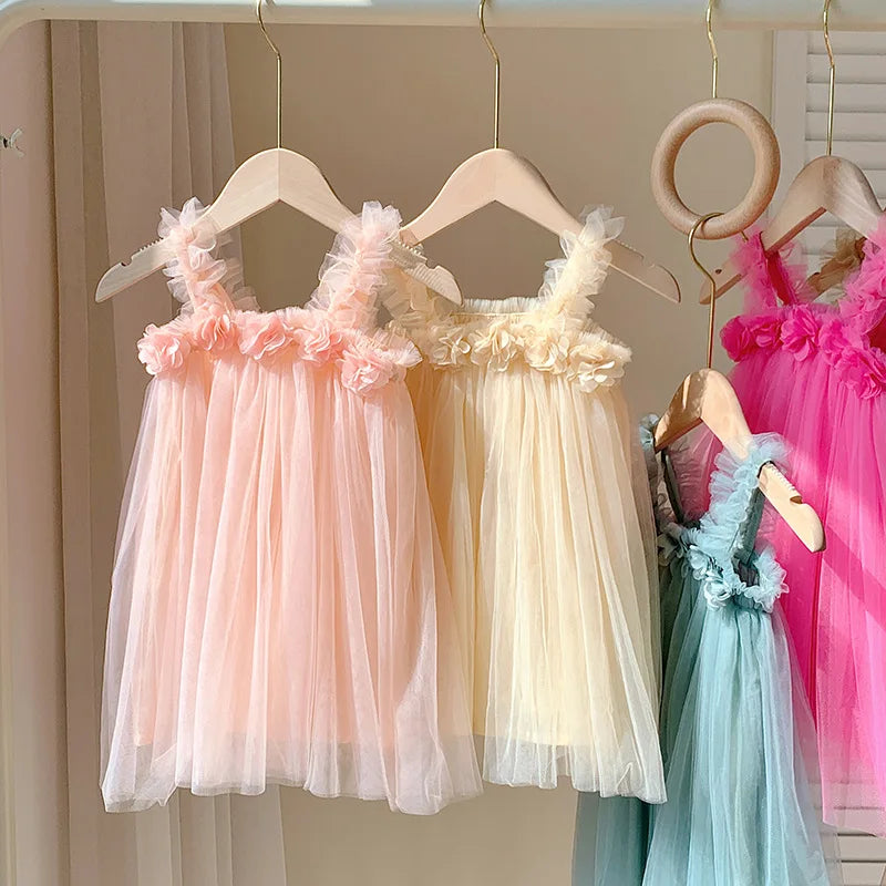 Summer Kids Sweet Mesh Dress Girls 6 Colours Suspended Floral Beach Skirt Children Tutu Princess Dress 1-6Y Girls