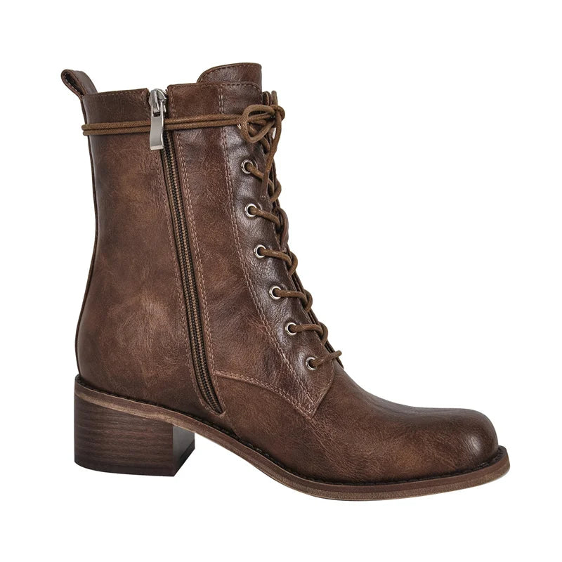 Women Brown Lace UP Ankle Boots Round Toe Gothic Heeled Concise Side Zipper Winter Motorcycle Boots