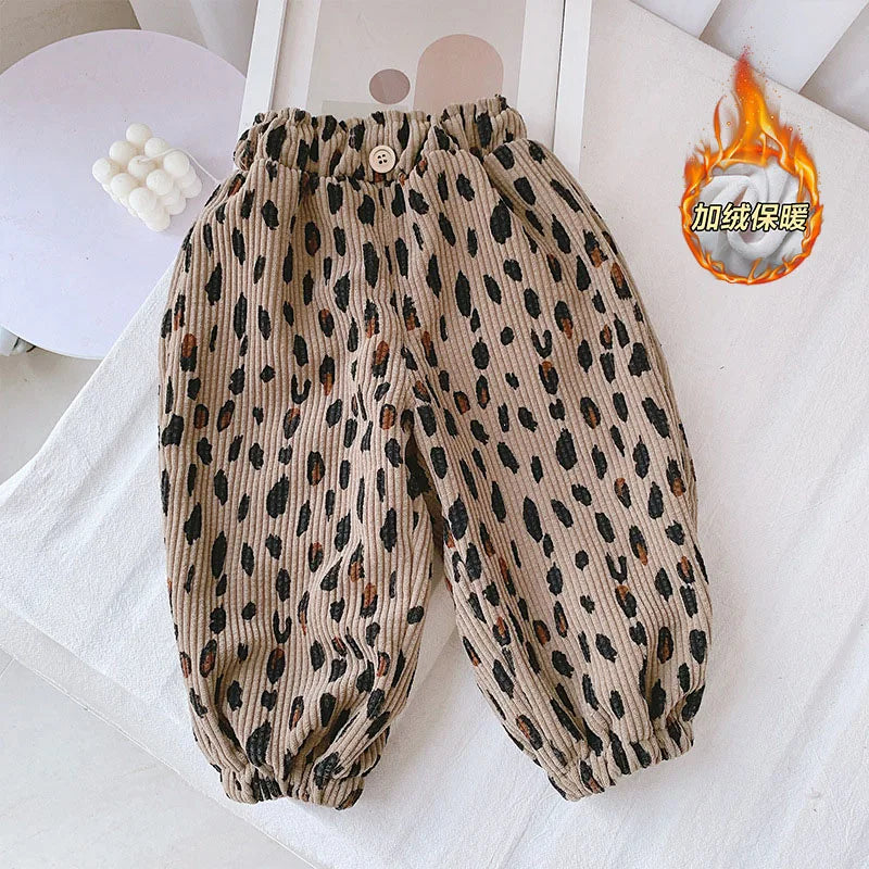 New Autumn Girls Boys Casual Pants Leopard Print Kids Corduroy Pants Loose Korean Version Fashion Children Trousers 1-8T Unisex