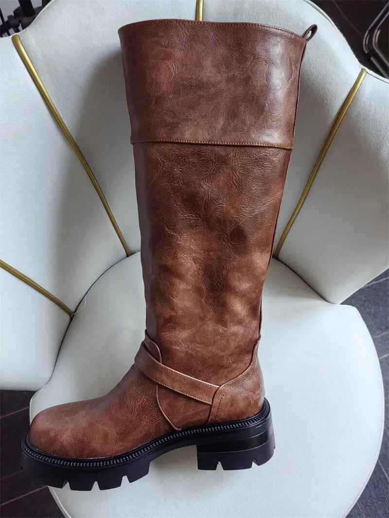 Women Buckle Gothic Black Knee High Boots Heeled Metal Side Zipper Fashion Matte Modern Winnter Boots