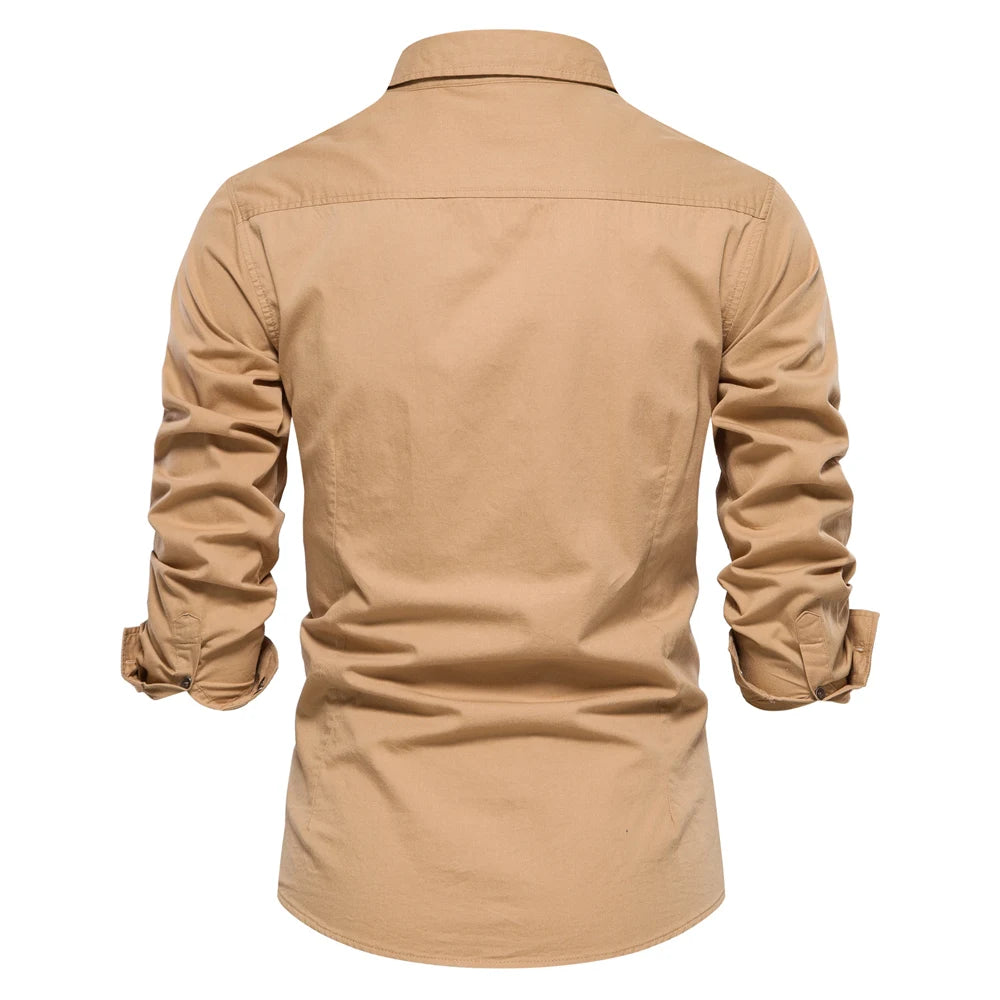 Men's Autumn Military Style 100% Cotton Pocket Shirt Solid Colour Slim Casual Long Sleeve Male Shirt For Men