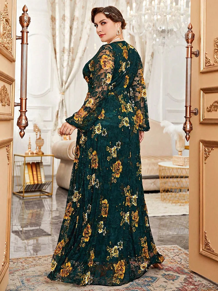 Spring Summer Lace Mesh Floral Print Lantern Sleeve Women Clothing 2024 New Plus Size Luxury Elegant Party Evening Dress