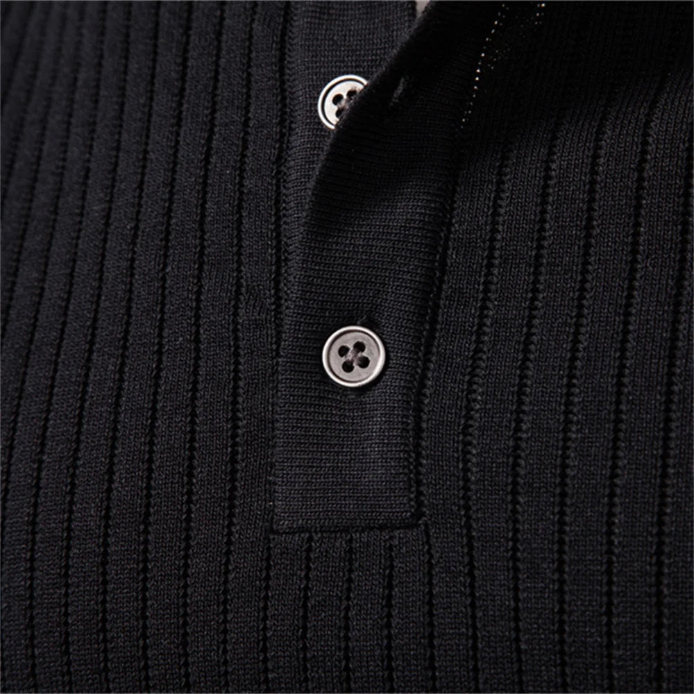 Men's Long Sleeve T-Shirt Fashion Knitted Slim Fit Polo Sweater Ribbed Henley Collar T-Shirt For Men