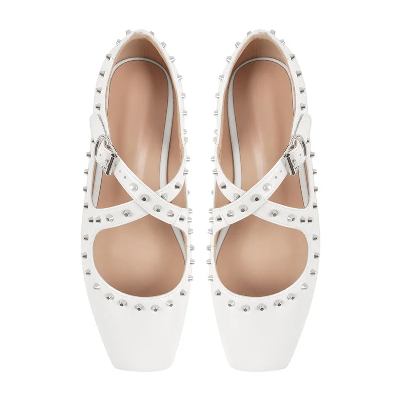 Women White Square Toe Matte Flats Strap Retro Elegant Big Size Daily Flats