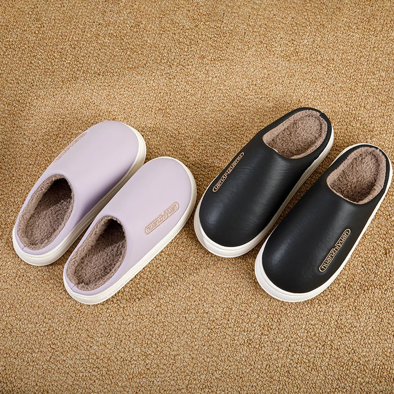 Unisex Anti-slip Waterproof Winter Cotton Slippers Women Men Home Indoor Warm House Shoes Couple Soft Flat PVC Sole Footwear