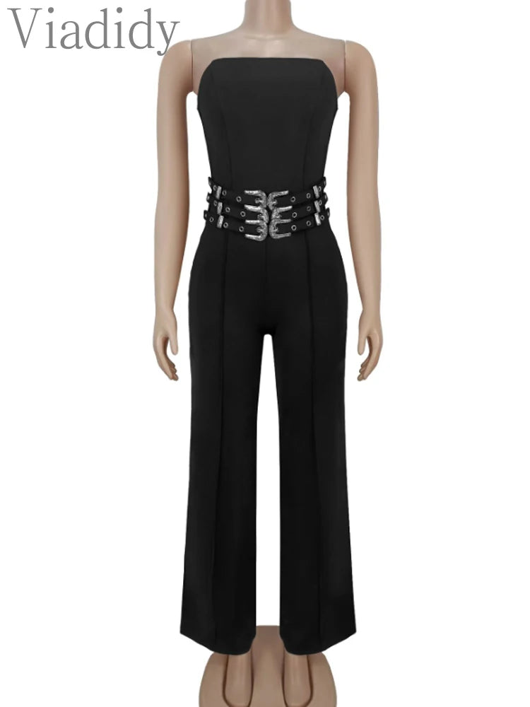 Women Sexy Strapless Buckle Belt Jumpsuits Casual Overalls Rompers