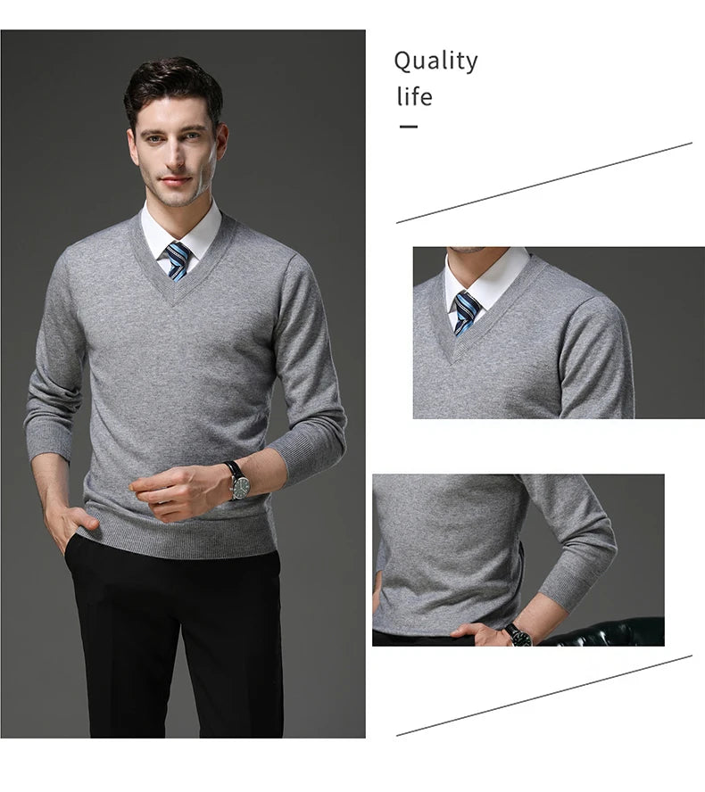 Men's Warm V-Neck Solid Colour Sweater, Autumn & Winter Stretch Top, Daily Leisure Pullover Knitwear, Male Business Casual