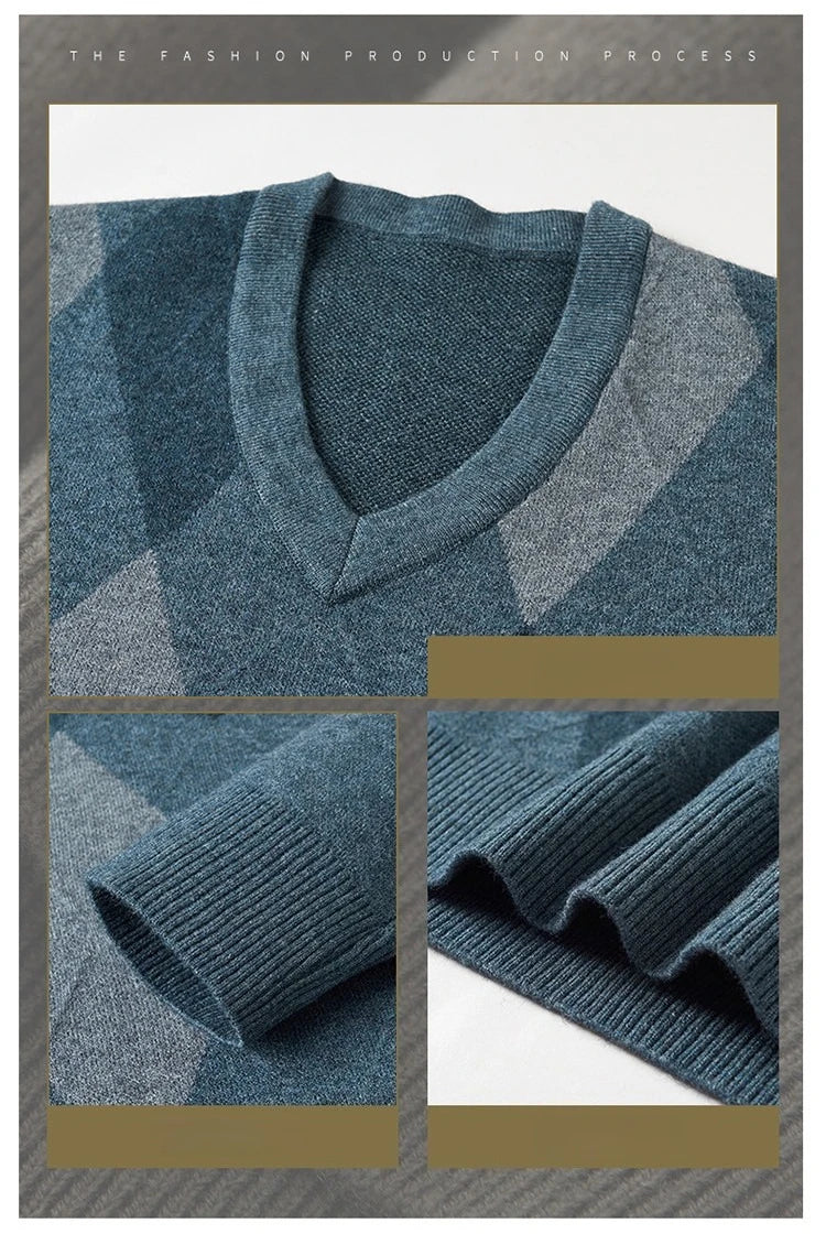 Men's Diamond Pattern V-Neck Sweater Stylish Autumn/Winter Business Casual Knitwear Elegant British Style Male Sweater Size M-4XL