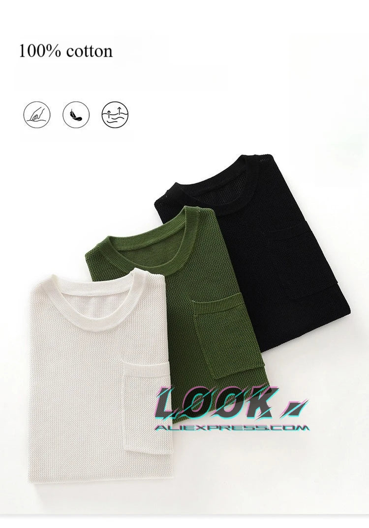 Men's 100% Cotton Pocket T-Shirt With Hollow-Out and Hollow O-neck Design, Breathable, Sweat-Wicking Daily Undershirt