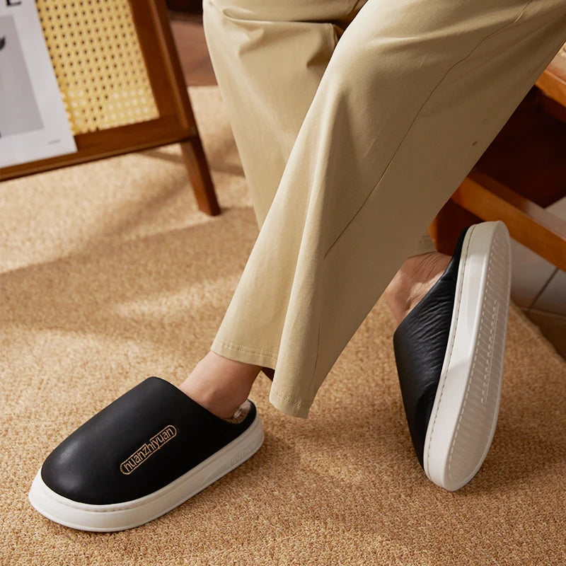 Unisex Anti-slip Waterproof Winter Cotton Slippers Women Men Home Indoor Warm House Shoes Couple Soft Flat PVC Sole Footwear