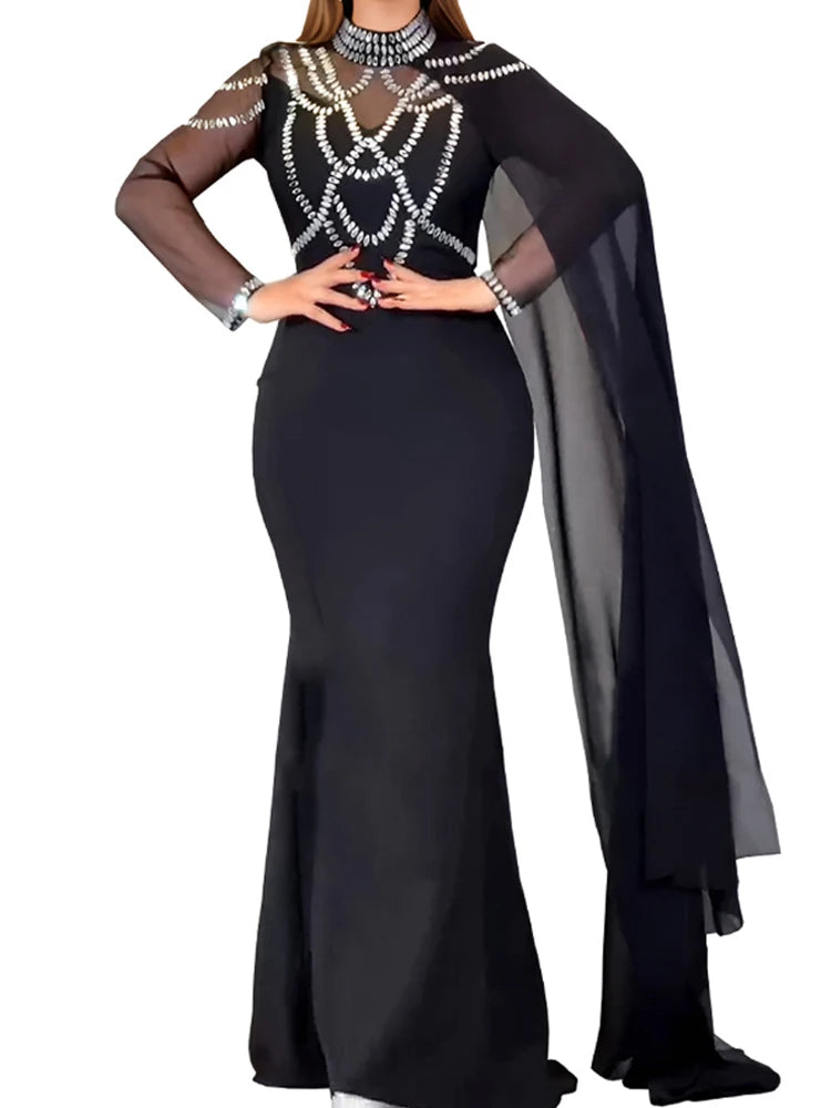 Sexy See Through Long Sleeve Solid Color Sheer Mesh Rhinestone High Slit Party Dress