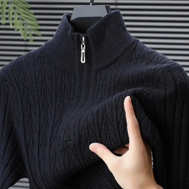 Men's High-Quality Semi-High-Neck, Business Casual Warm Sweater, Stretchy Striped Male Pullover Sizes M-4XL