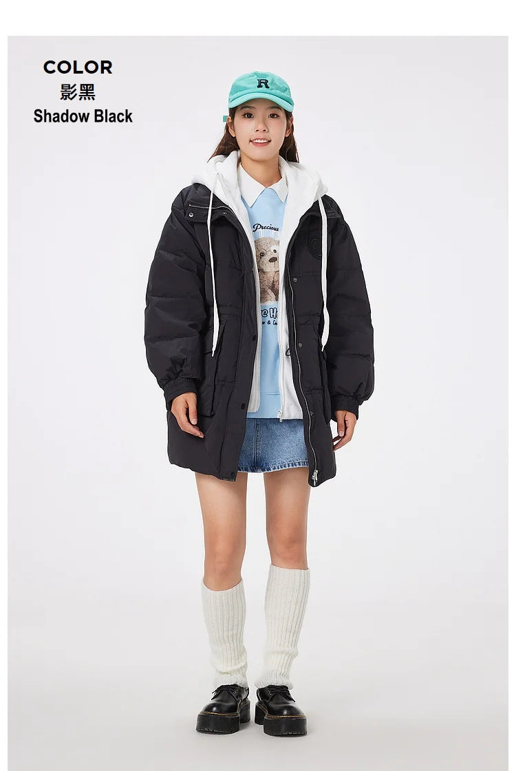 Women's Faux Two-Piece Mid-Length Puffer Jacket With Cosy Polar Fleece Lining, Hooded Warmth Loose Duck Down Coats For Ladies
