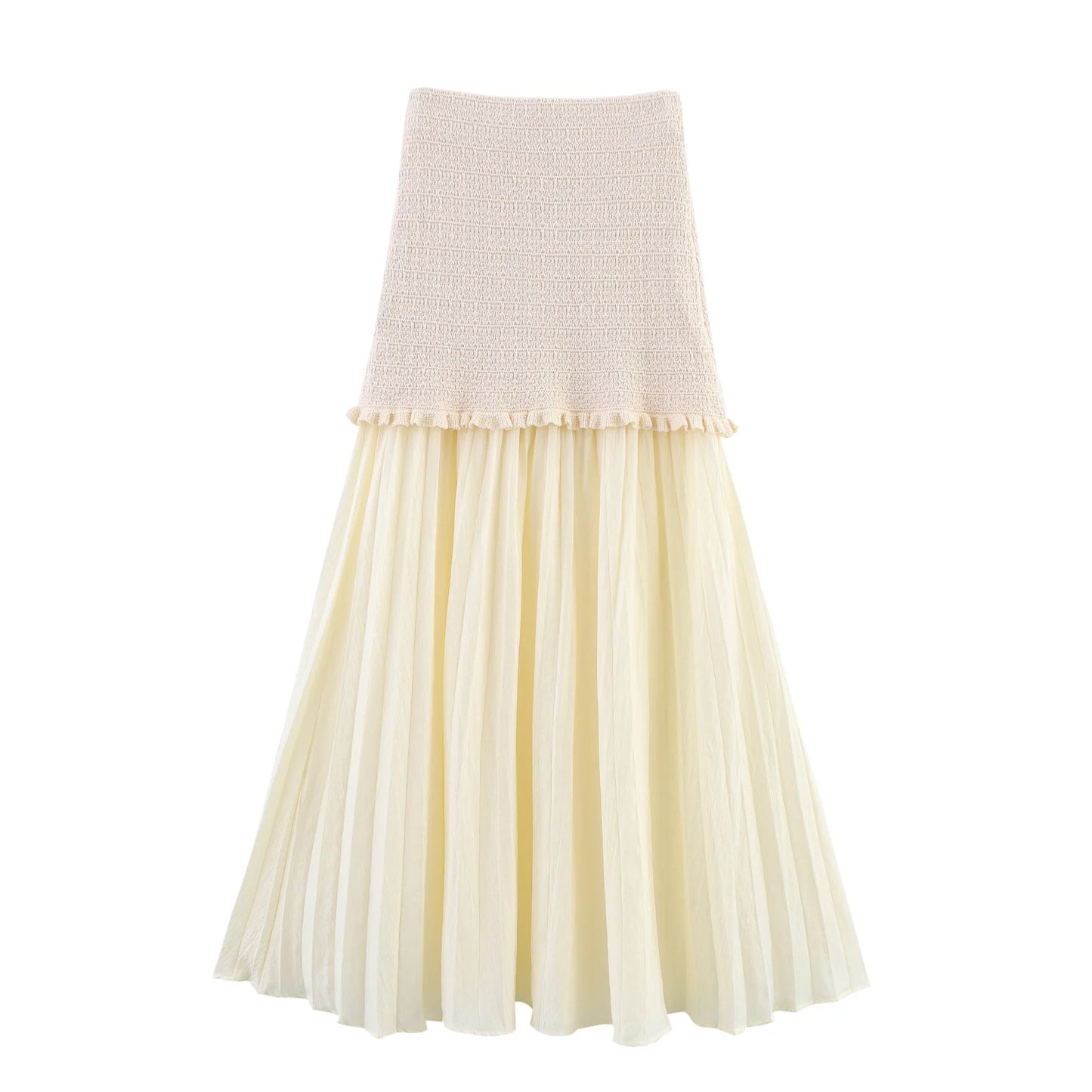 Elastic High Waist Patchwork Knit Skirt for Women Pleated Hem Elegant Long Ankle-Length Polyester Faldas Mujer