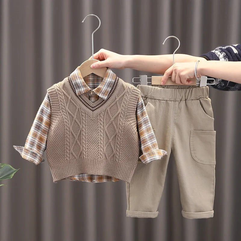 3-delige lente kinderkledingset, schattig dun vest + blouse + broek, meisjes, kleurblok, raster, bovenkleding, 1-3 jaar, unisex