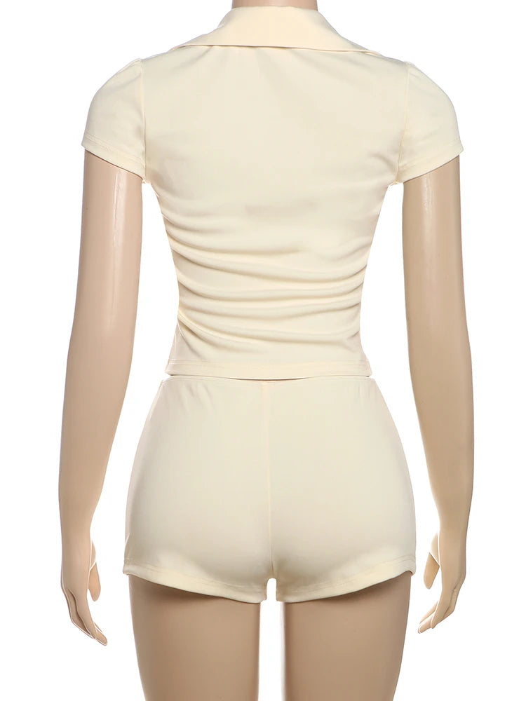 Simple 2 Piece Set Women Lapel Neck Single-Breasted Crop Tops + Bottom Skinny Shorts Daily Casual Home Comfortable Suit
