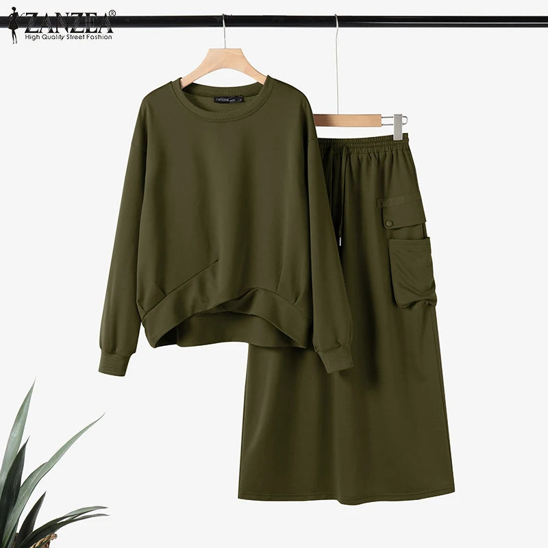 Daily Wear Elastic Waist Skirt Dress Sets Casual Spring Loose Solid Skirt Suits Women Knotted Hem Sweatshirt 2pcs Outfits