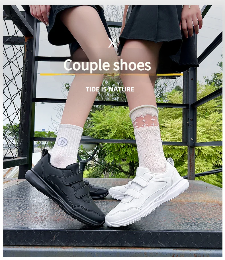 Student Sneakers Unisex White Shoes Magic Buckles Lightweight Couple Shoes for Sports School Dance Running