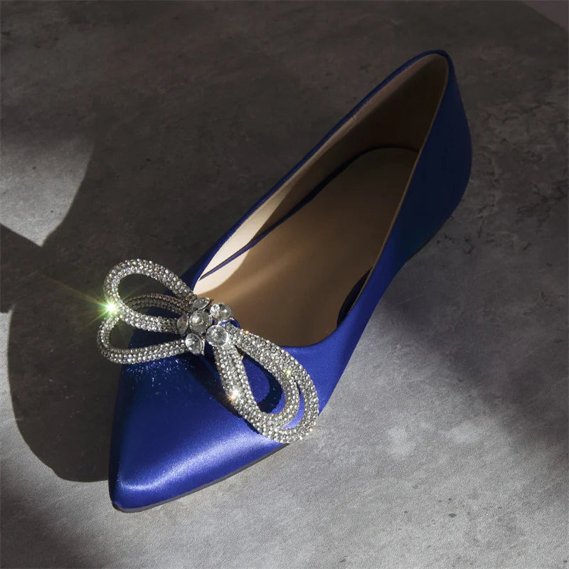 Woman Flats Pointed Toe Blue Rhinestones Bow Clear Flat Daily Elegant Female Slip On Shoes