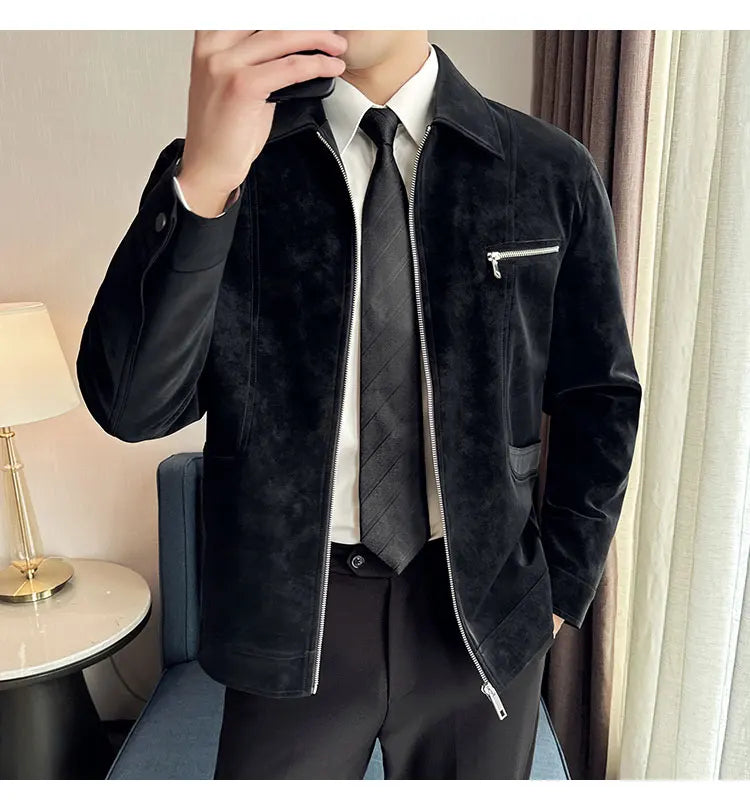 Men's Suede Casual Jacket, Lapel Fashionable Jacket, High-Grade Zipper Decorations, Business Casual Warm Male Coat
