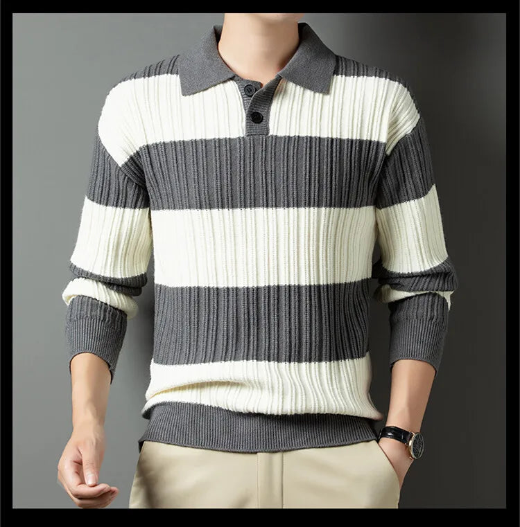 Men's Polo Shirt Luxury Pullover Sweater Fashion Thick Warm Sweater Striped Casual T-shirt, Male Top Loose Knitwear