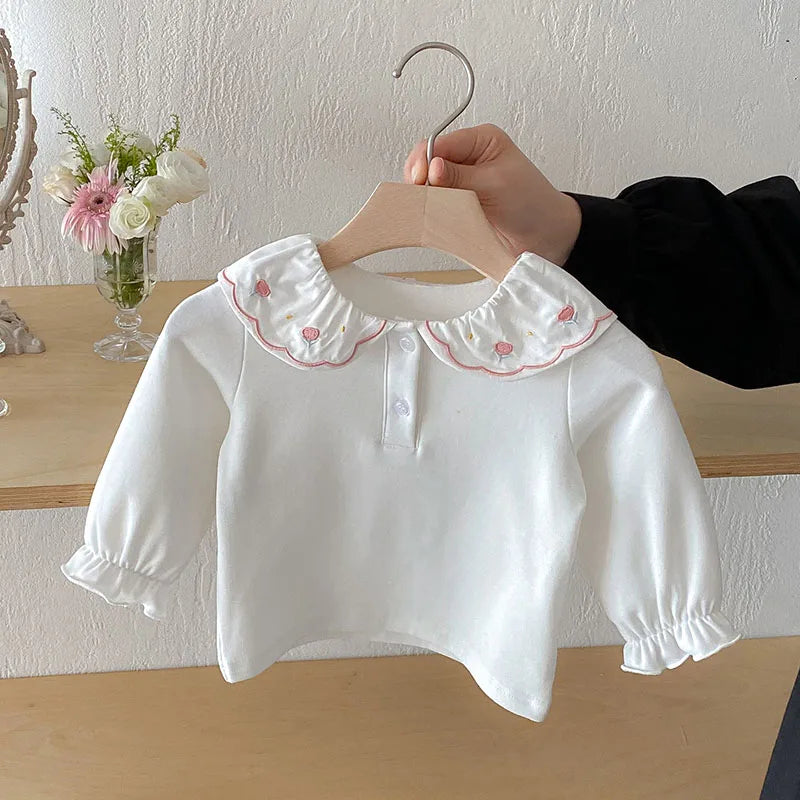 Herfst Baby Onderhemdjes Zoete Borduurwerk Bloem Strik Baby Meisjes Bottoming Shirt Peuter Dunne Kleding Tops 0-3T Meisjes