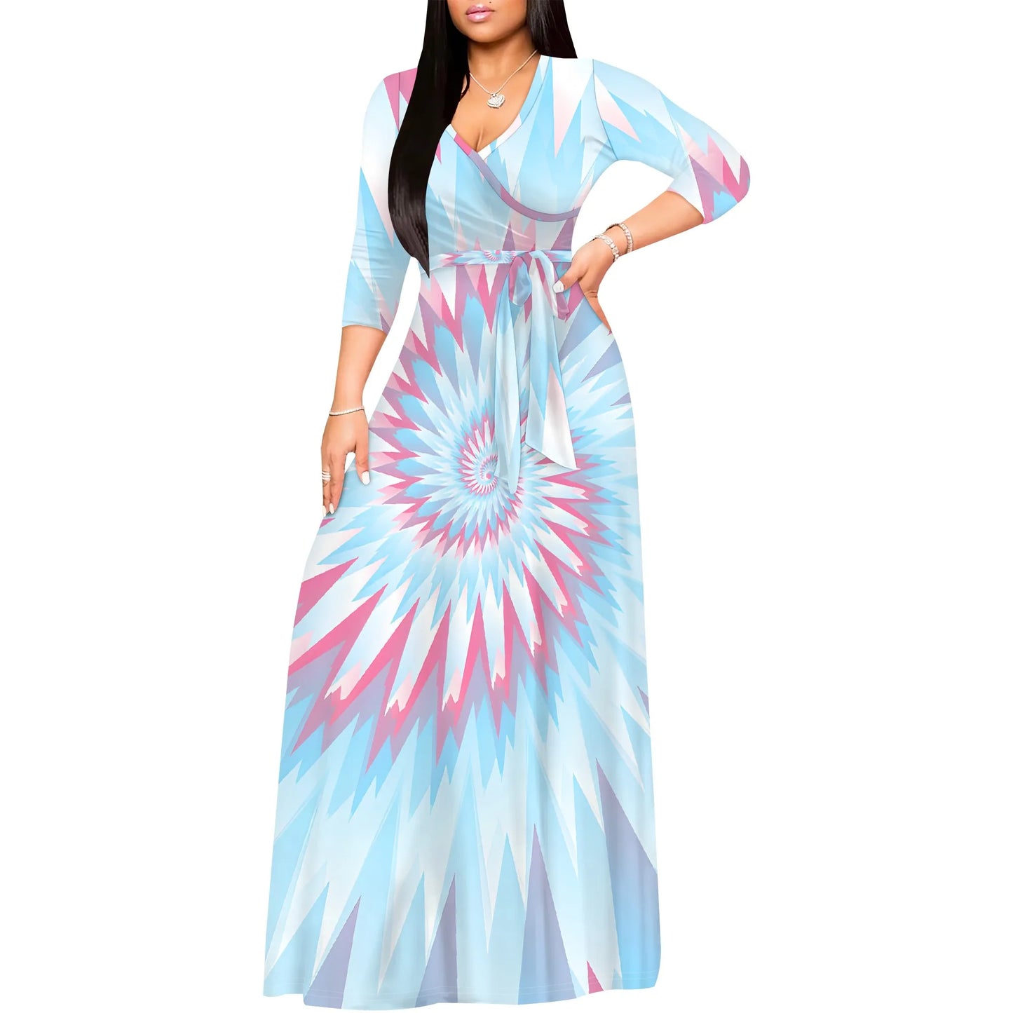 Colorful Tie-Dye V-Neck 3/4 Sleeve Wrap Maxi Dress with Belt - Women's Bold Bohemian Party Evening Resortwear