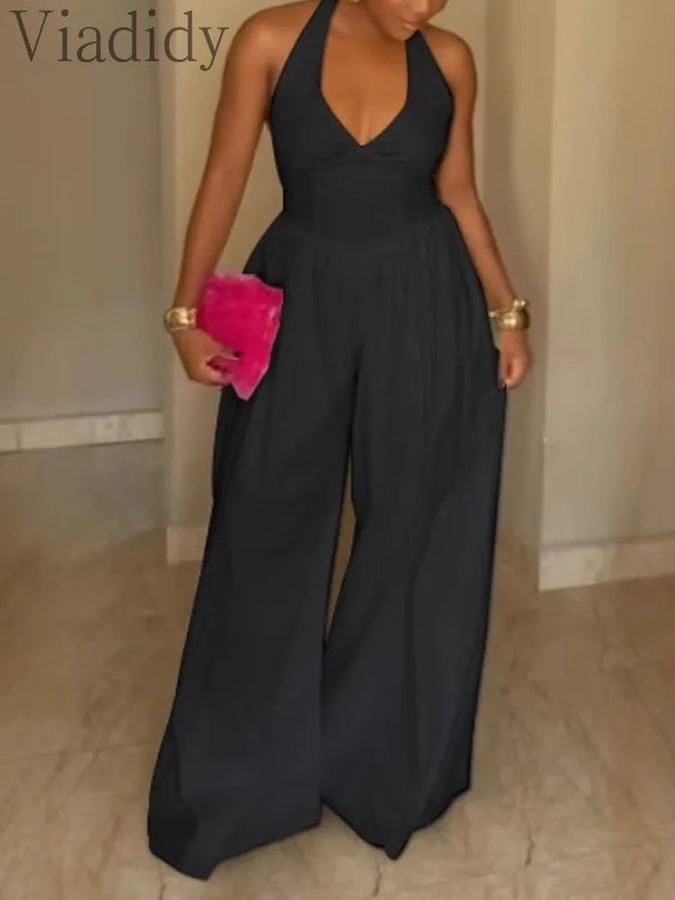 Women's Sexy Solid Color Halter Backless Wide Leg Jumpsuits Casual Sleeveless Rompers
