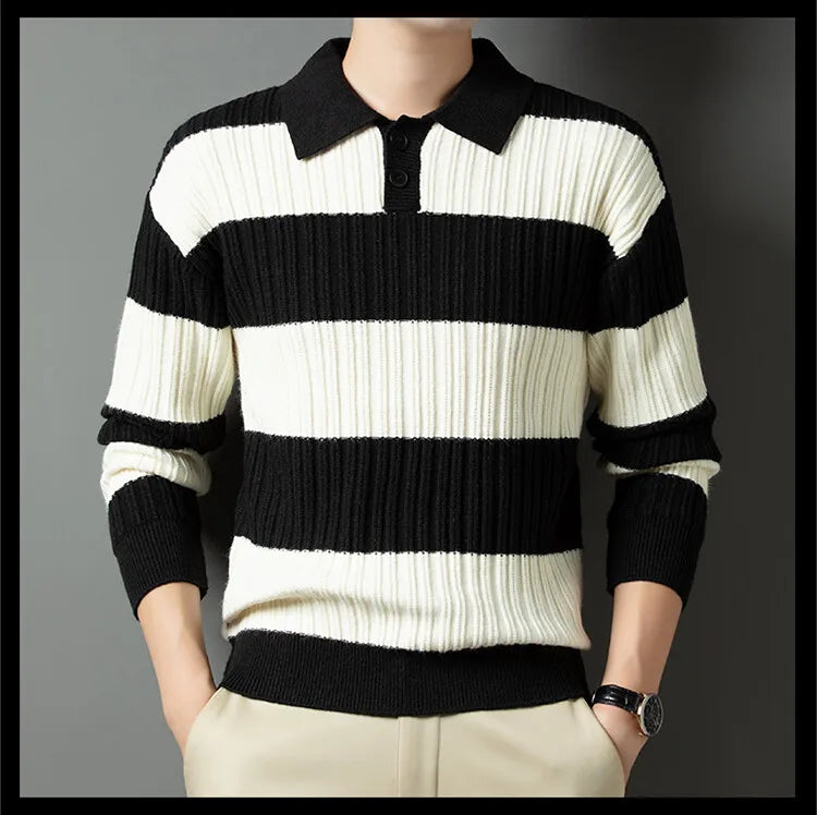 Men's Polo Shirt Luxury Pullover Sweater Fashion Thick Warm Sweater Striped Casual T-shirt, Male Top Loose Knitwear