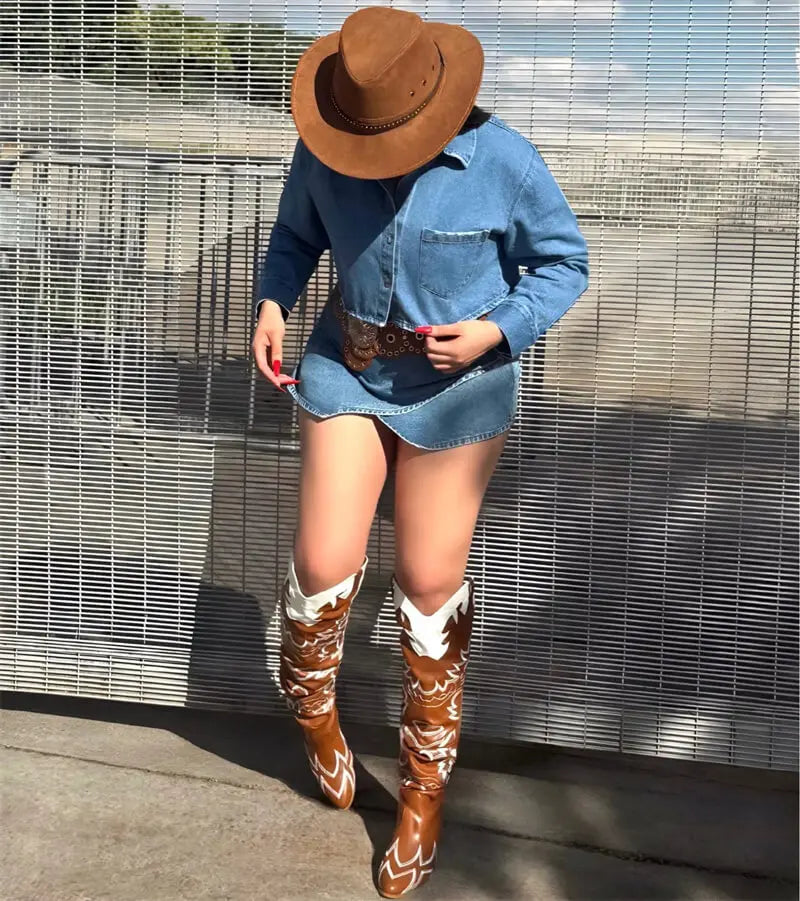 Woman Knee High Boots Western Cowboy Boots Wide Calf Embroidered Women Pointed Toe Block Heel Pull-On Cowgirl Boots