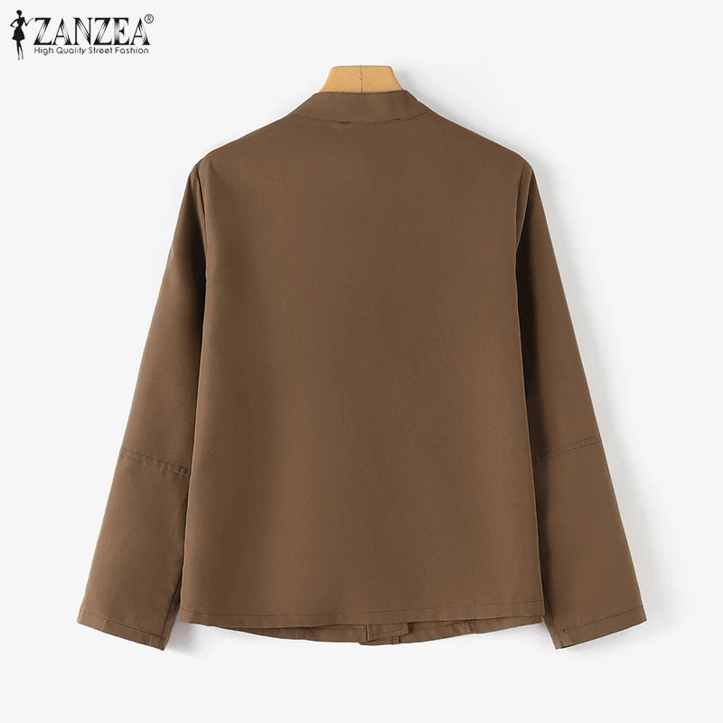 Fashion OL Jackets Woman Long Sleeve Stand Collar Outerwear Autumn Vintage Party Work Wear Female Elegant Button UP Coats