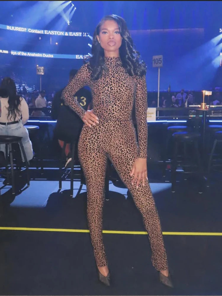 Autumn Sexy Leopard Mesh Jumpsuit Women Sexy Hipster Zip Stretch Midnight Workout Clubwear Fitness Street Overalls