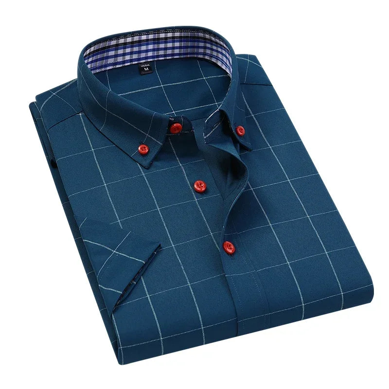 Summer Men Shirts Short Sleeve Plaid Shirt Slim Casual Button Up Dress Shirts Men Big Size M-5XL Anti-wrinkle Soft