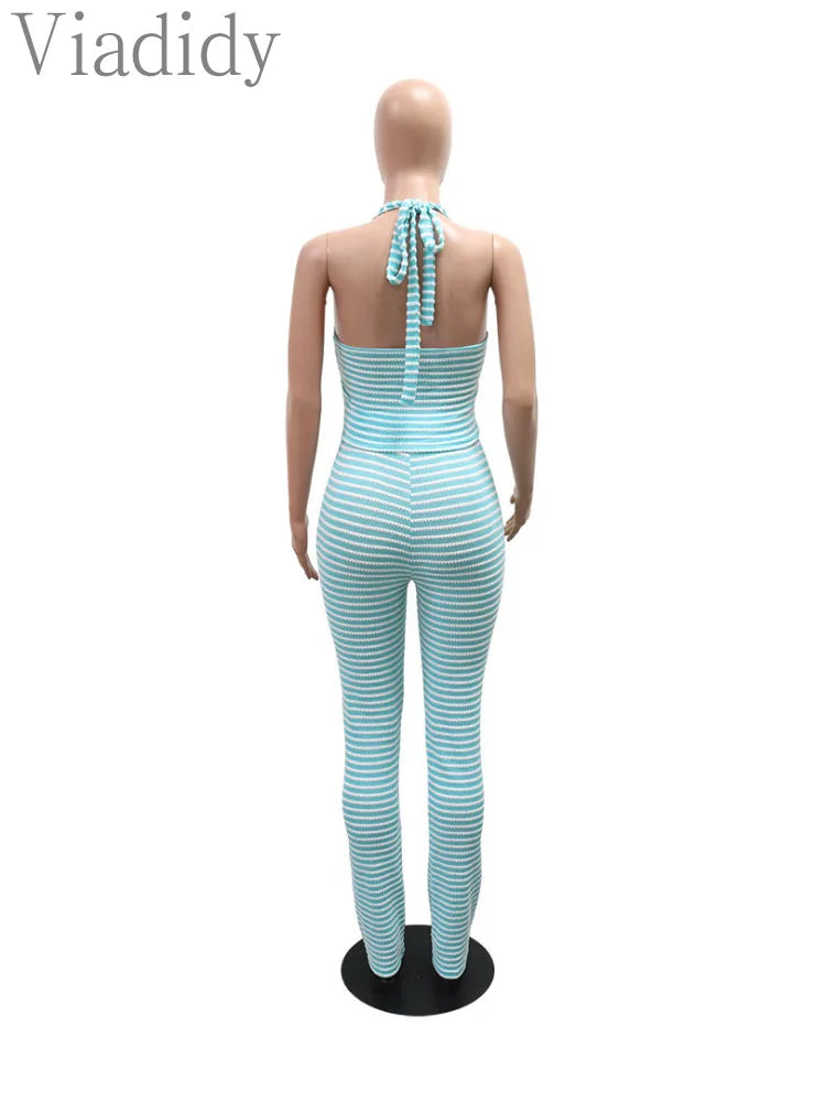 Women's Sexy Halter Backless Striped Sleeveless Top and High Waist Pencil Pants 2pcs Set