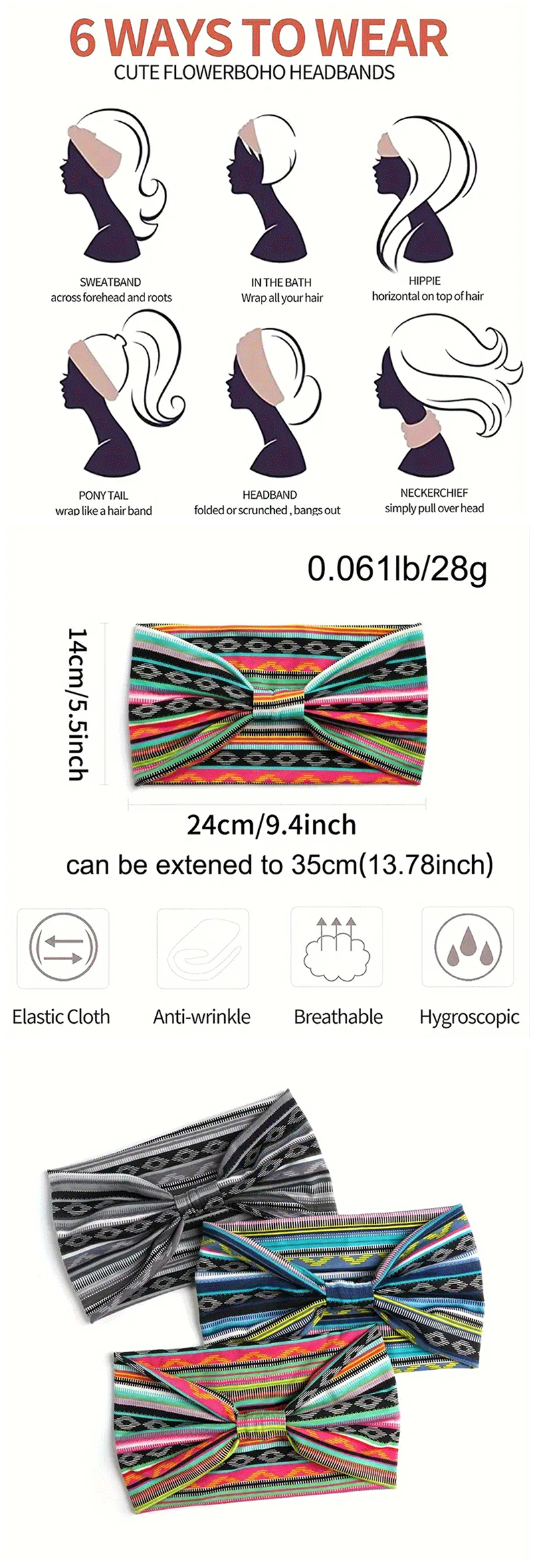 1 stuk Europees-Amerikaanse dames Bohemian stijl elastische hoofddoek modieuze ademende katoenen brede rand haaraccessoires