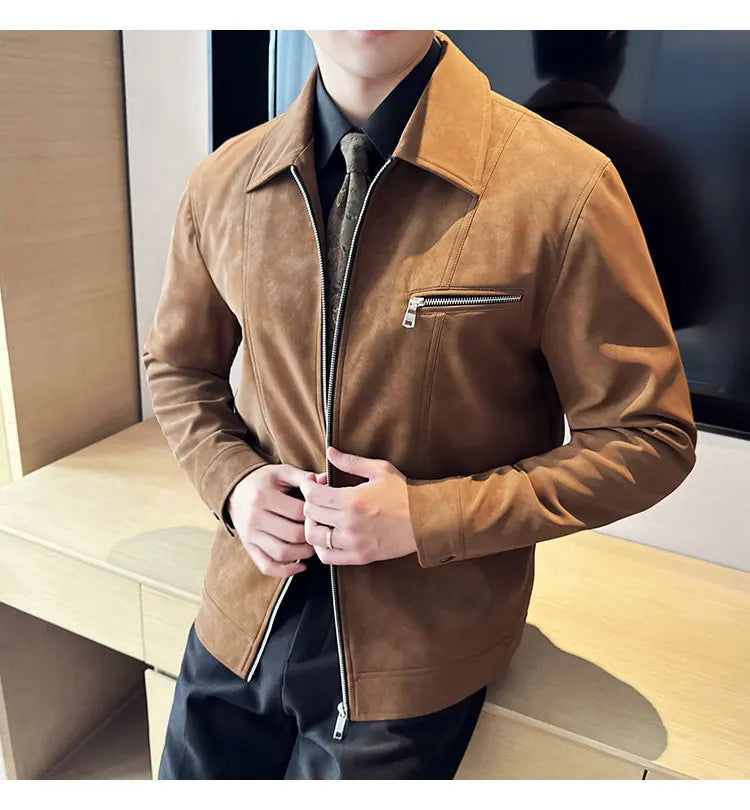 Men's Suede Casual Jacket, Lapel Fashionable Jacket, High-Grade Zipper Decorations, Business Casual Warm Male Coat