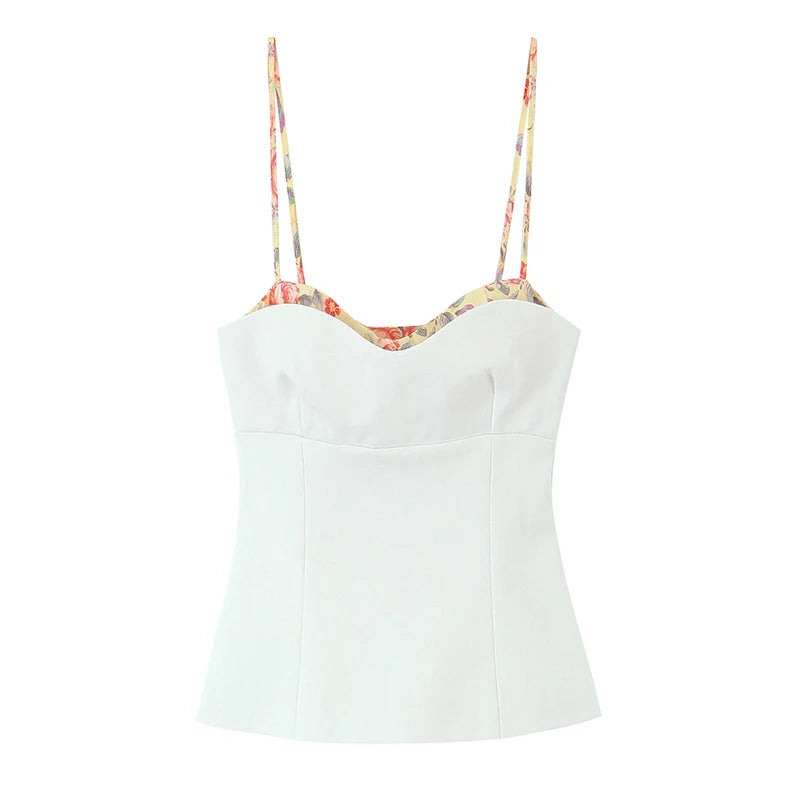 White Print Camisole Sexy Adjustable Spaghetti Straps Chic Party Summer Crop Top Streetwear for Women Short Length Polyester