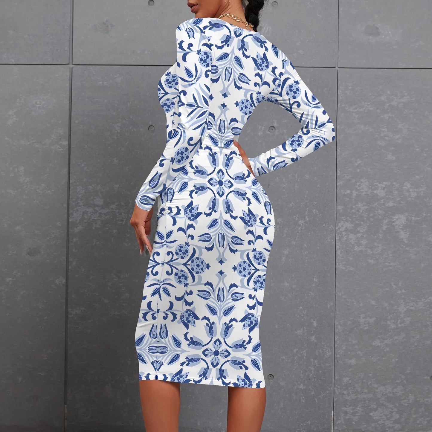 Women's 2025 Summer Dress Ruched Long Sleeve Crew Neck Midi Dress Elegant Bodycon Basic Casual Dresses