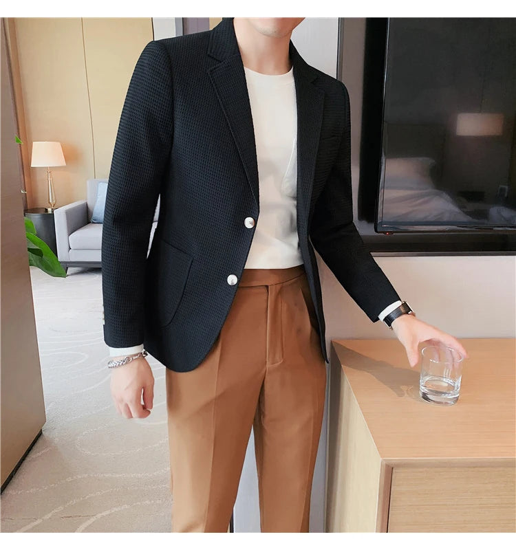 Men’s Waffle Plaid Blazer Coat, Hounds-Tooth Pattern, Wool-Blend Overcoat for Autumn & Winter - Lightweight, Stretchable