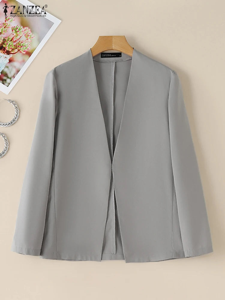 2025 Autumn Lightweight Blazer for Woman V-Neck Long Sleeve Solid Colour Casual Suit Coats Korean Fashion Office Wear