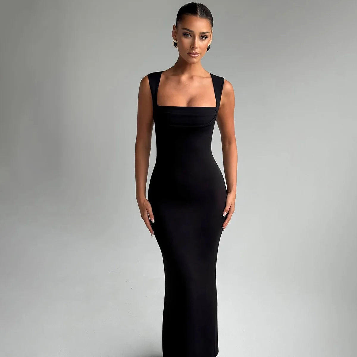 Square Neck Elegant Maxi Dress Club Party Outfits Solid Sexy Sleeveless Birthday Evening Bodycon Dresses Gown