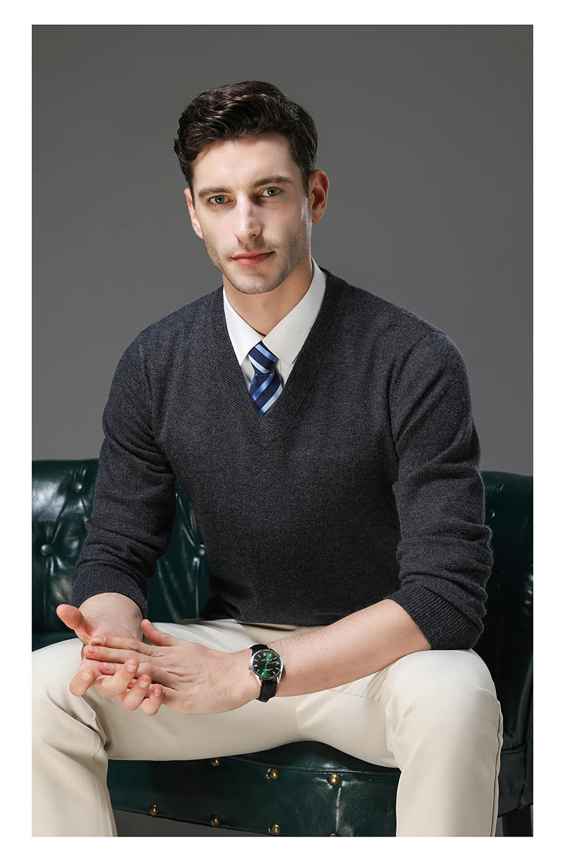 Men's Warm V-Neck Solid Colour Sweater, Autumn & Winter Stretch Top, Daily Leisure Pullover Knitwear, Male Business Casual