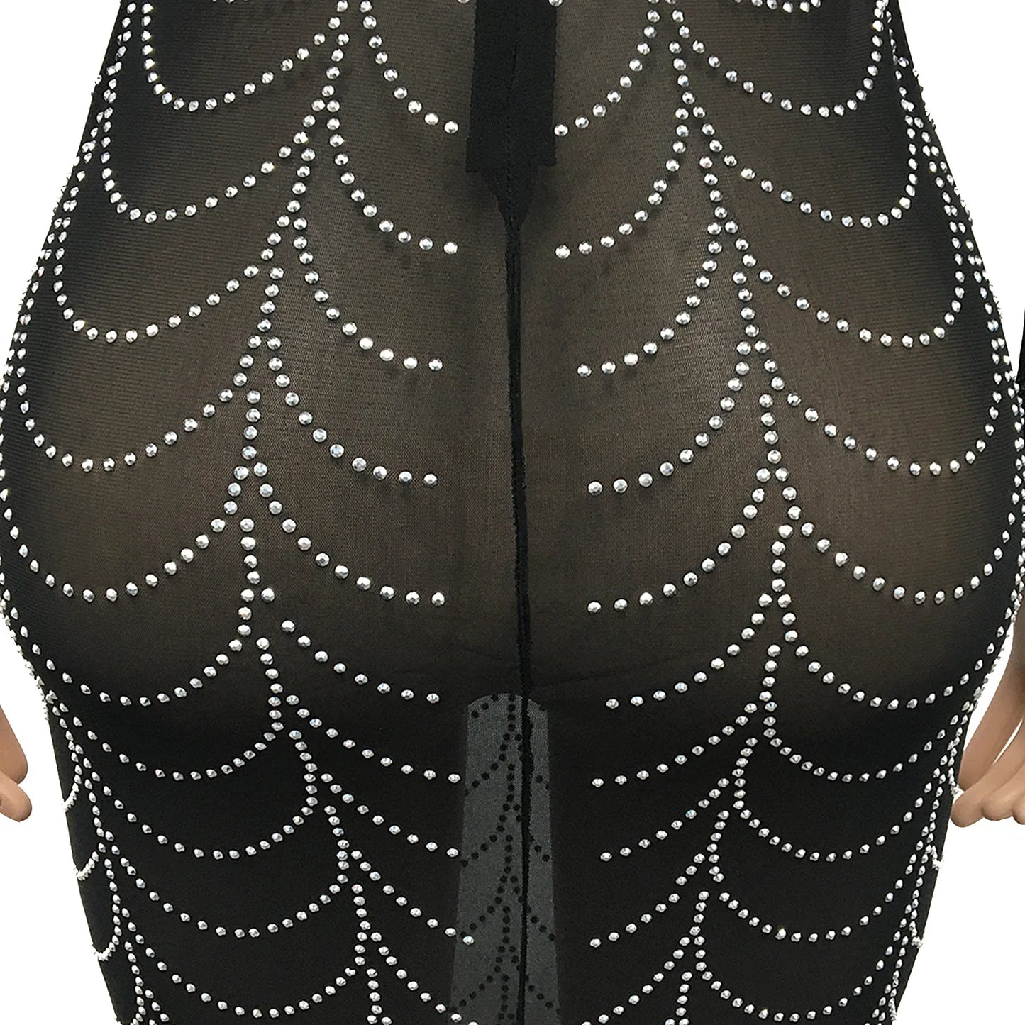 Sexy Rhinestone Sheer Mesh Long Sleeve Party Dress