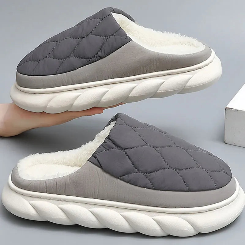 Men's Warm Plush House Slippers Indoor Anti-slip Winter Fluffy Slides With Waterproof Short Plush Male Cotton Shoes