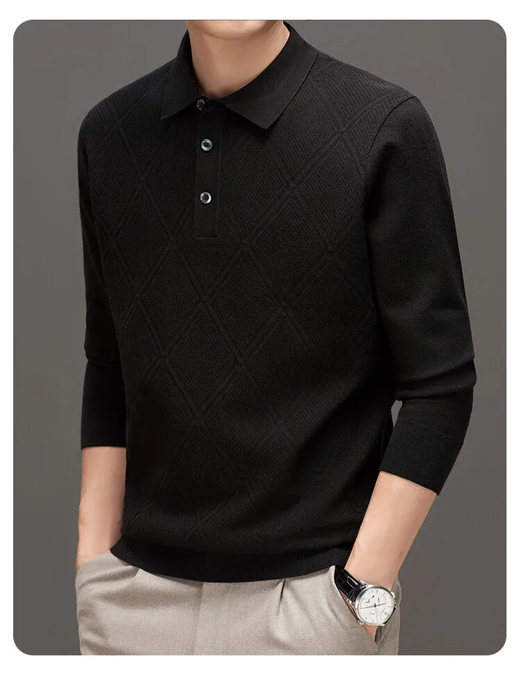 Men's Solid Colour Geometric Pattern Warm Polo, High Quality Woollen Sweater, Suitable For Business Casual & Daily Commute