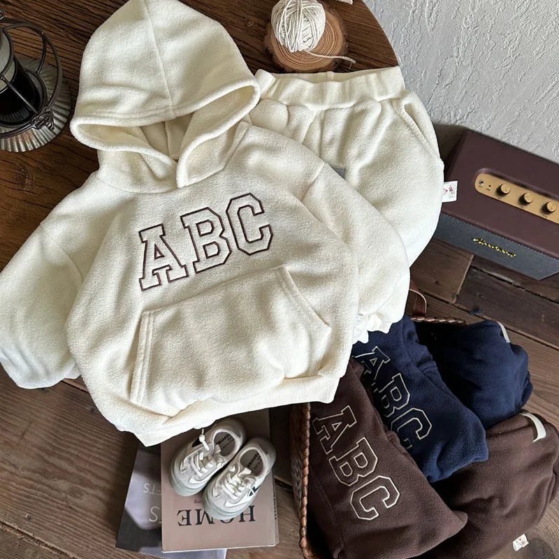 Winter Kids Clothing 2PCS Set Fur Lining Boys Girls Hoodie Set Hooded Sweat Shirt And Pants Track Suit 12M-7T Unisex
