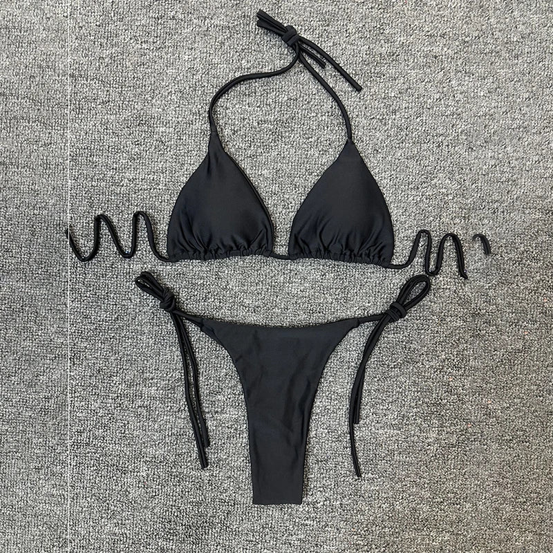 Sexy halter effen kleur bikini set dames tweedelig split triangel string badpak basic eenvoudig femme veter strand badpak